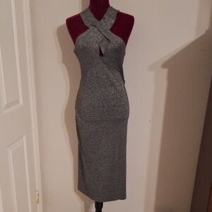 JENNIFER LOPEZ Sleeveless Metallic Gray Twist-Neck Midi Dress